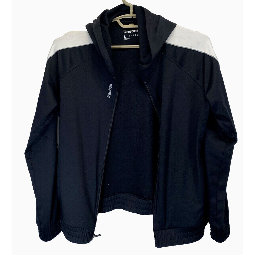 Reebok Men's Size Large Black/White Polyester Windbreaker Track Jacket with Hood